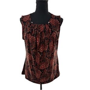Tommy Hilfiger Paisley Print Sleeveless Top Black/Red Career Blouse Size Large